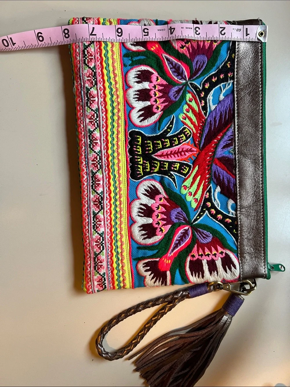 Embroidered Floral Wristlet Clutch - Multicolor with Brown Trim